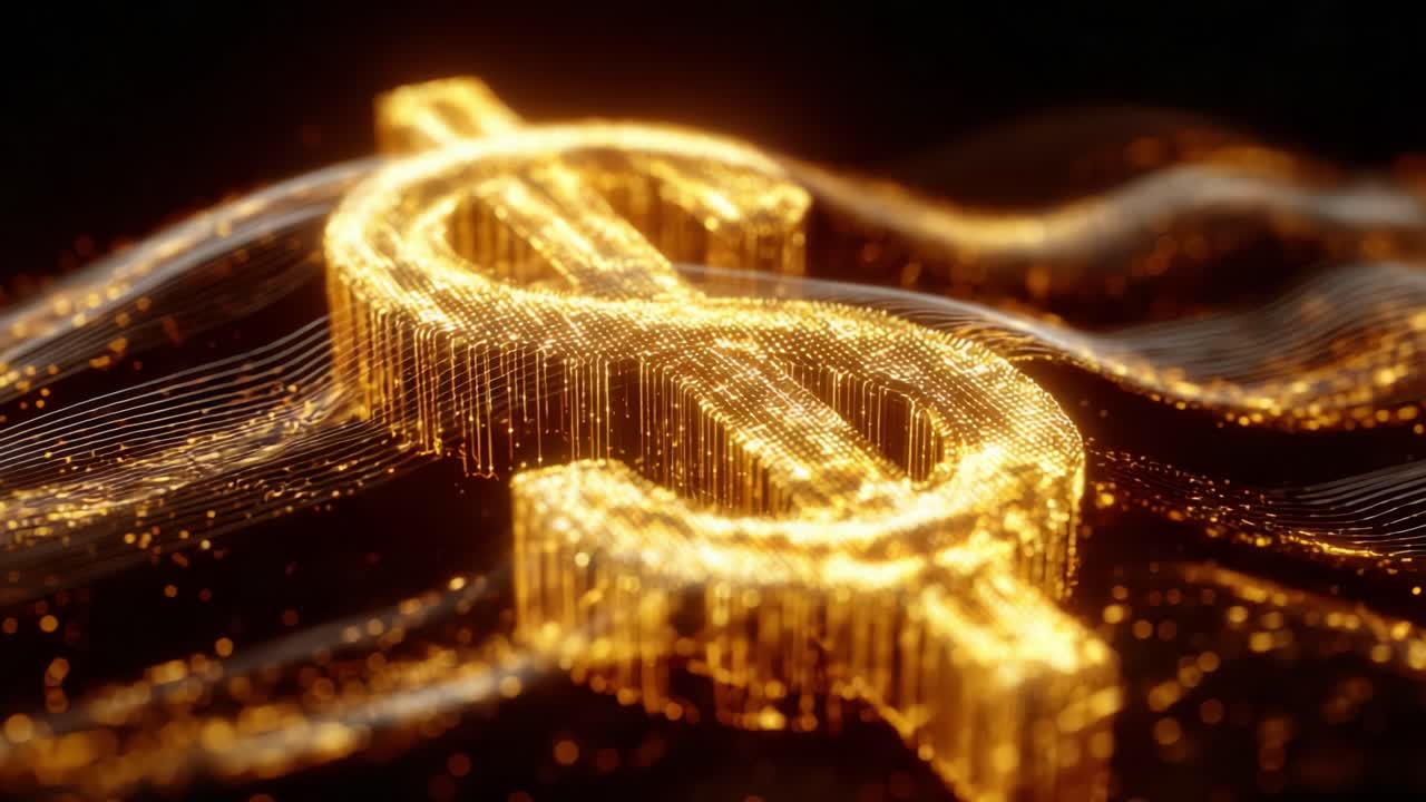 Luminous golden dollar sign composed of glowing particles floating on a dark, undulating surface, symbolizing digital currency, modern finance, and global economic data streams