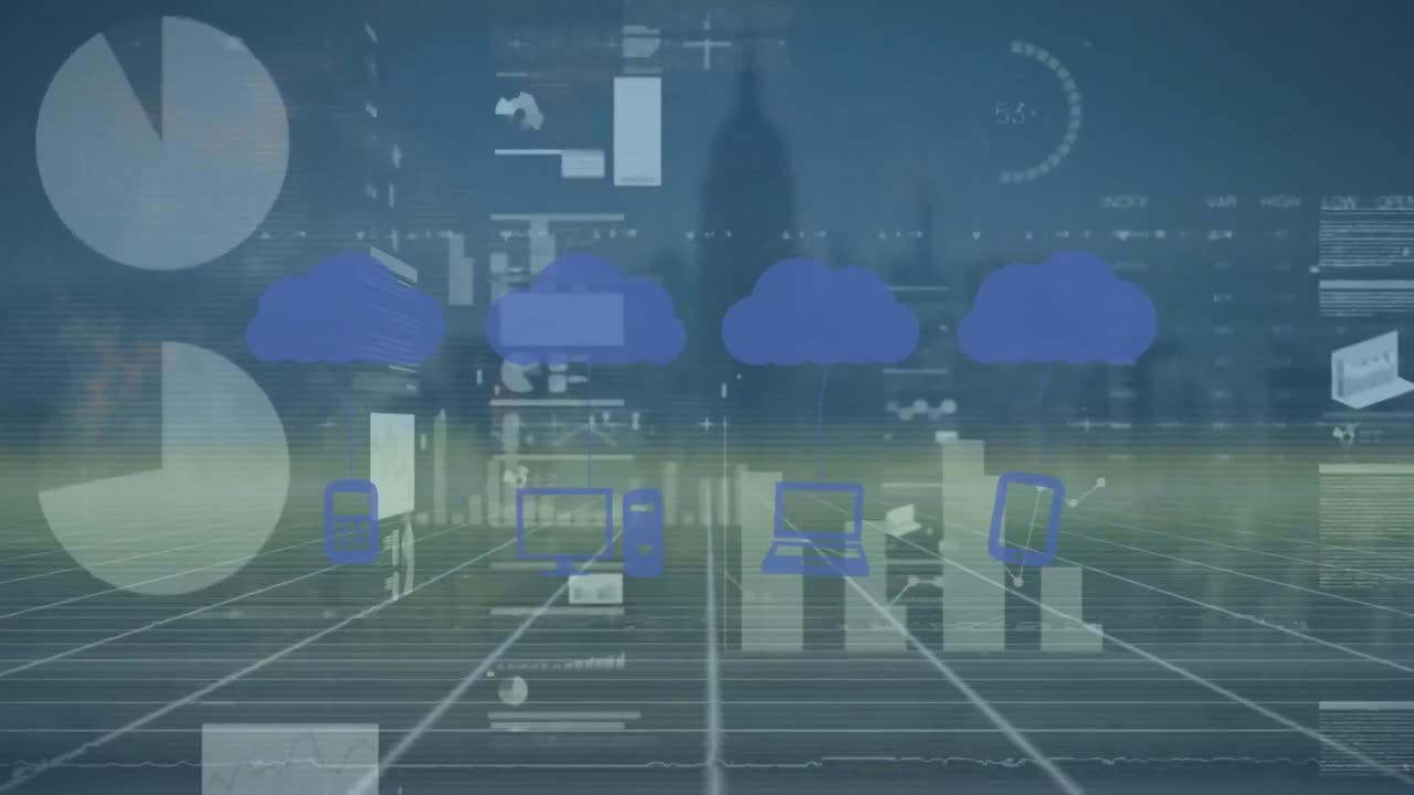 Animation of data processing with icons over cityscape