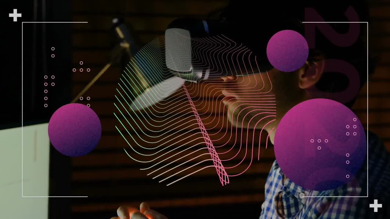 animación de formas y puntos sobre hombre de negocios caucásico usando auriculares vr.