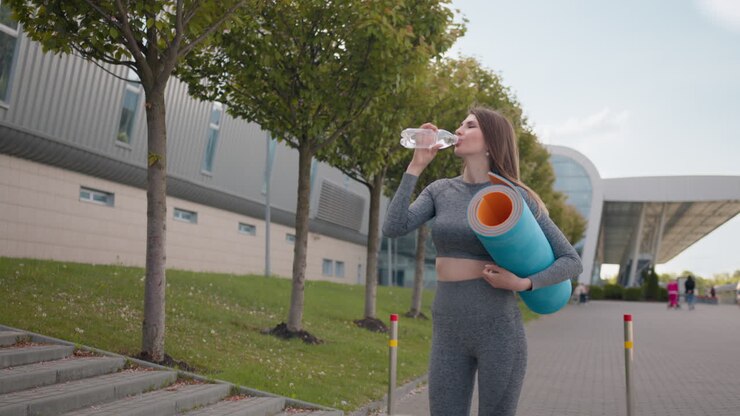 Donna che si prende una pausa dall'allenamento e beve acqua all'aperto