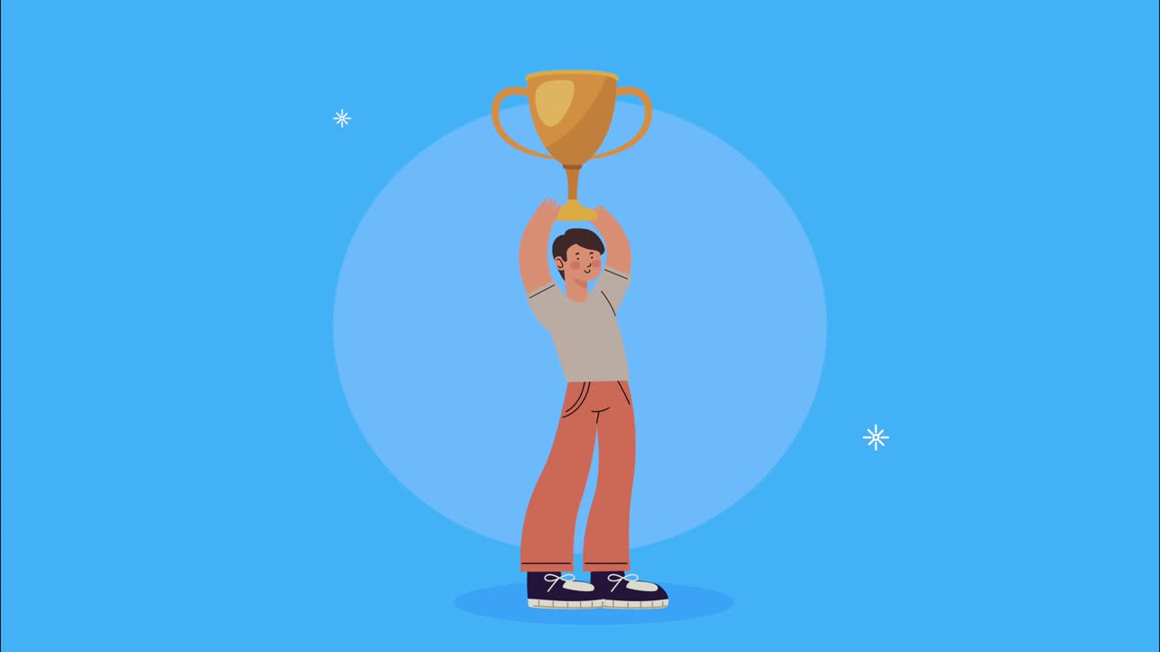 success man lifting trophy cup animation