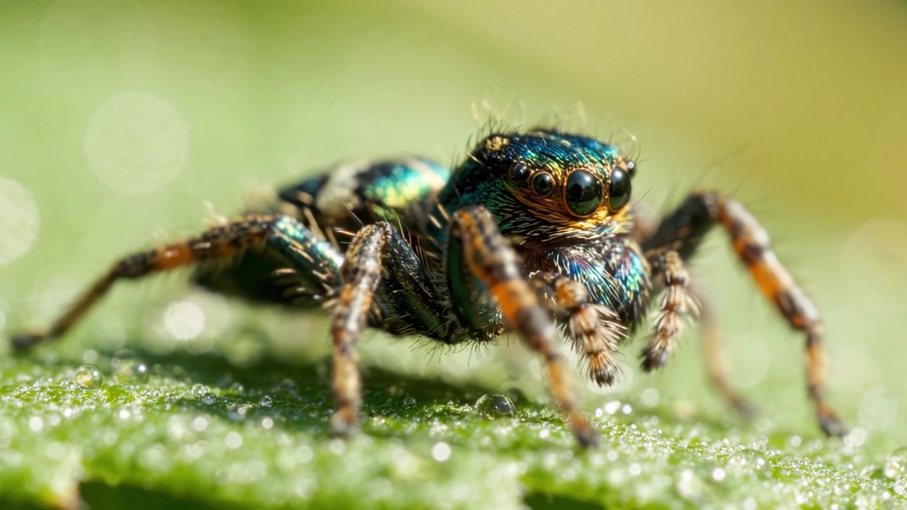 Çiğli Yeşil Bir Yaprak Üzerindeki Renkli Bir Örümceğin Yakın Çekim Makro Fotoğrafı, Doğal Işıkta Benzersiz Özelliklerinin ve Canlı Renklerinin Detaylarını Yakalıyor