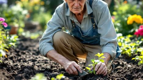 senior man kneeling in a garden, carefully planting young flowers in rich soil, surrounded by colorful blooms and greenery, showcasing the joy of gardening and nurturing nature