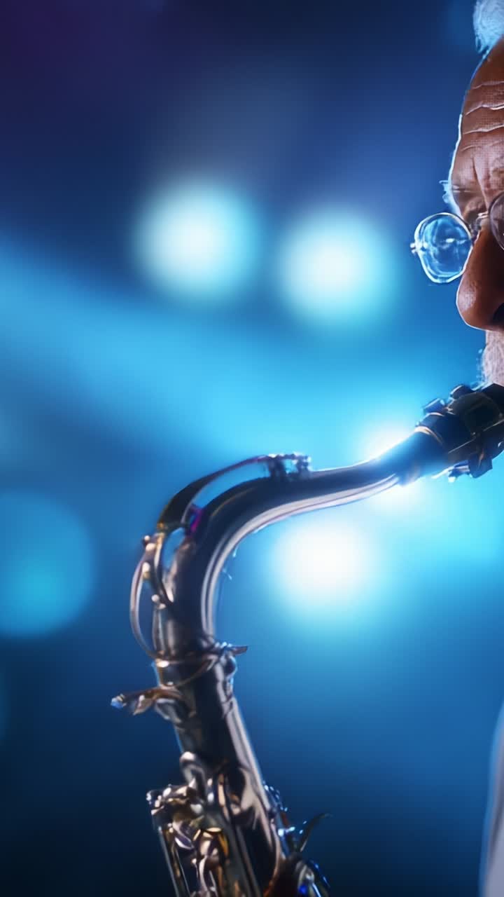 Performance accattivante: un rinomato musicista dimostra la sua maestria suonando il sassofono sotto luci intense e davanti a un pubblico rapito