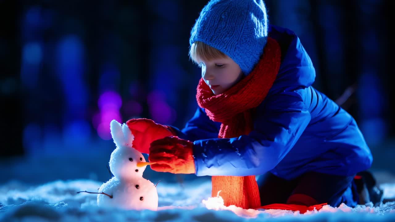 A child joyfully interacts with a glowing snowman in a magical winter landscape, highlighting the beauty of childhood wonder and creativity amidst a winter evening's enchanting atmosphere