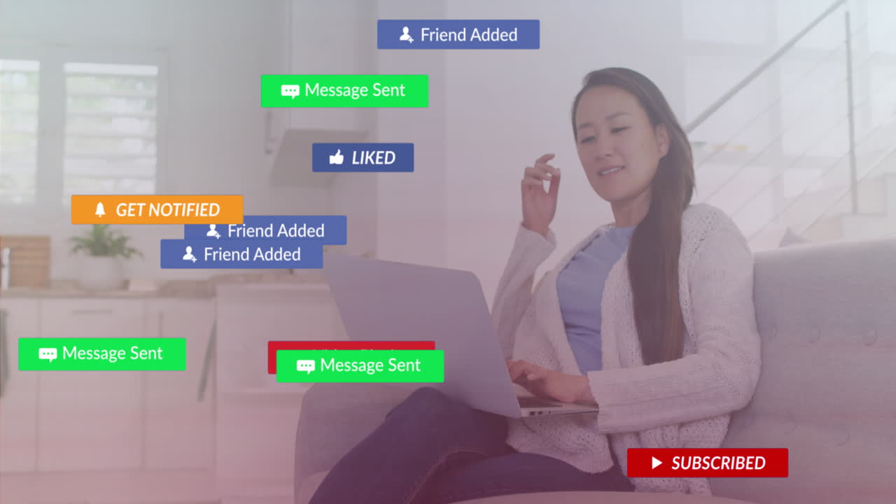 Using laptop, woman in school with animation of social media notifications appearing