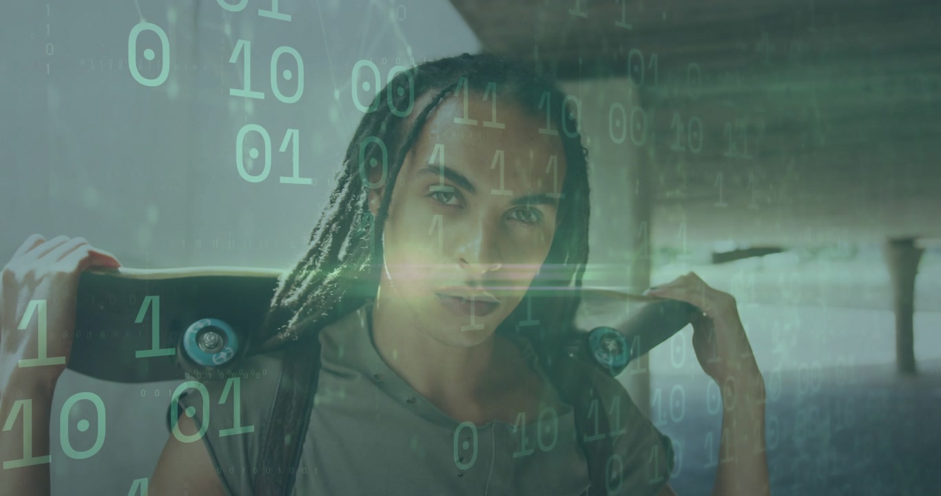 Tech-themed binary code scrolling, revealing skateboarder holding deck within industrial garage
