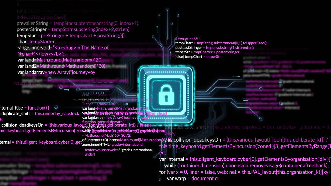 animación del icono del candado y procesamiento de datos sobre fondo negro