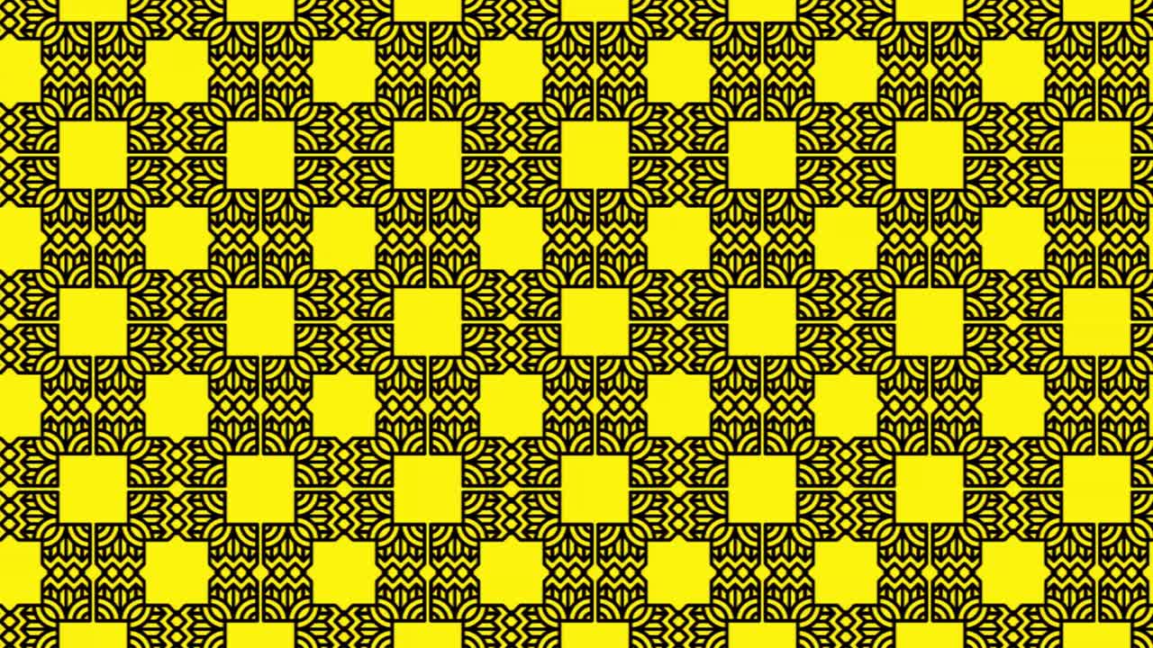 Loop video of seamless pattern with black and yellow colored patchwork tiles