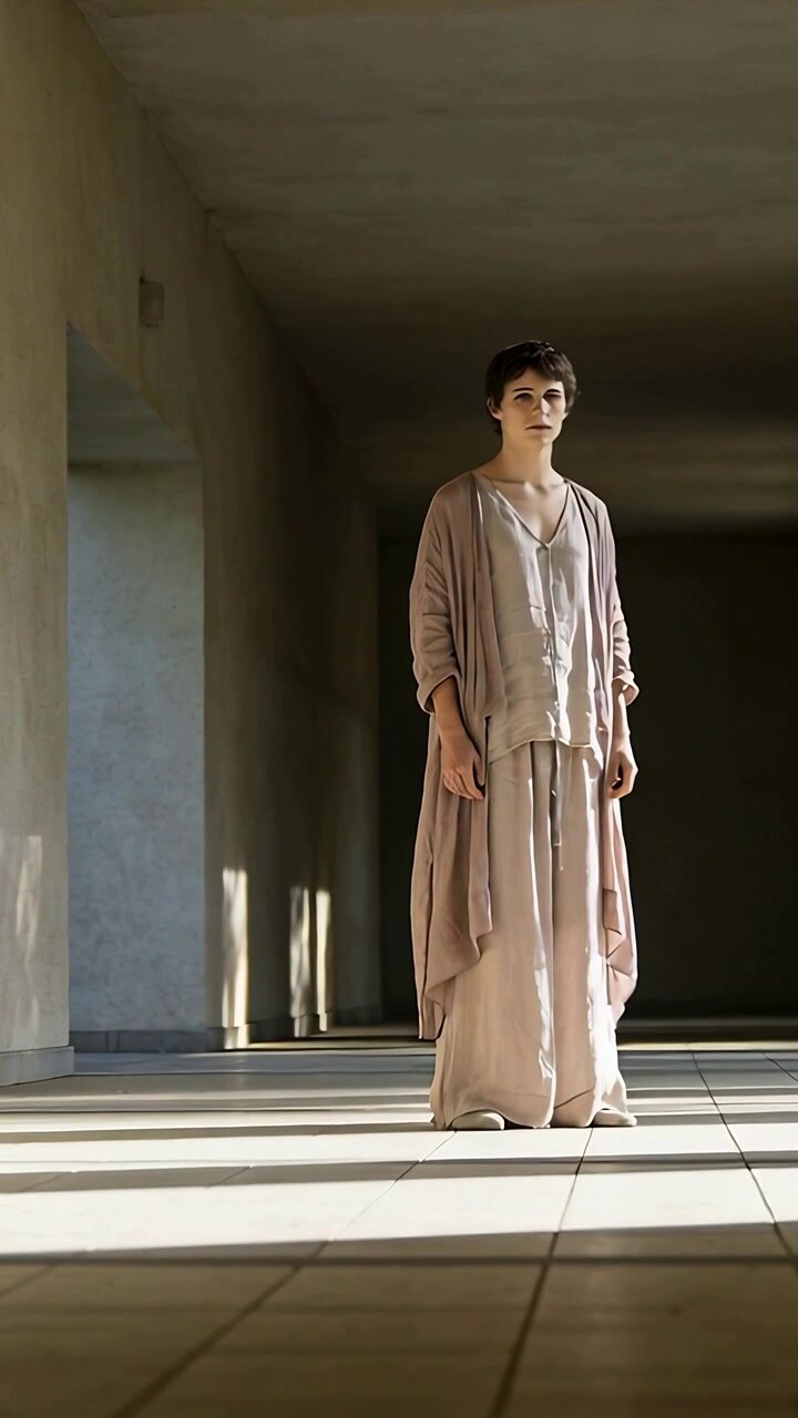 Video verticale: Donna in posa con una veste fluida che si muove leggermente, inclinando la testa, su un pavimento piastrellato illuminato dal sole.