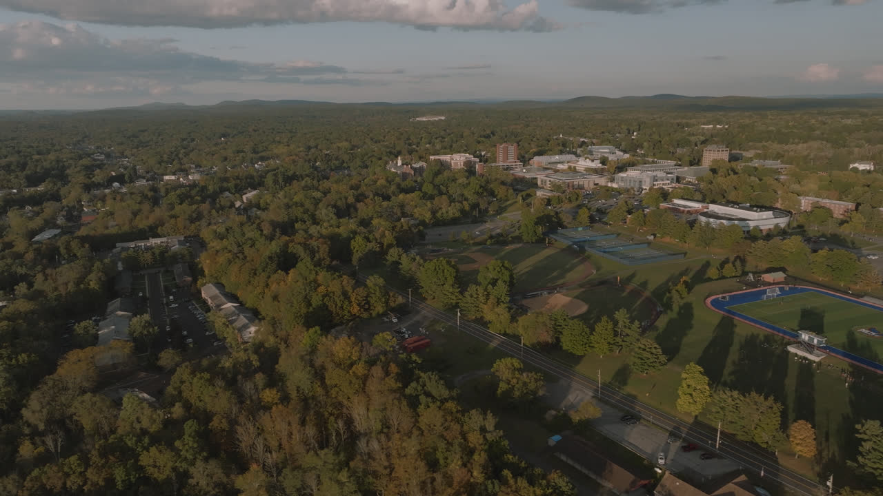 Aerial view of New Paltz on an autumn morning. Shot in the Catskill Mountains in upstate New York