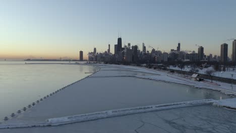 Aerial-footage-of-Frozen-Lake-Michigan-during-2019-Polar-Vortex,-Chicago,-Illinois