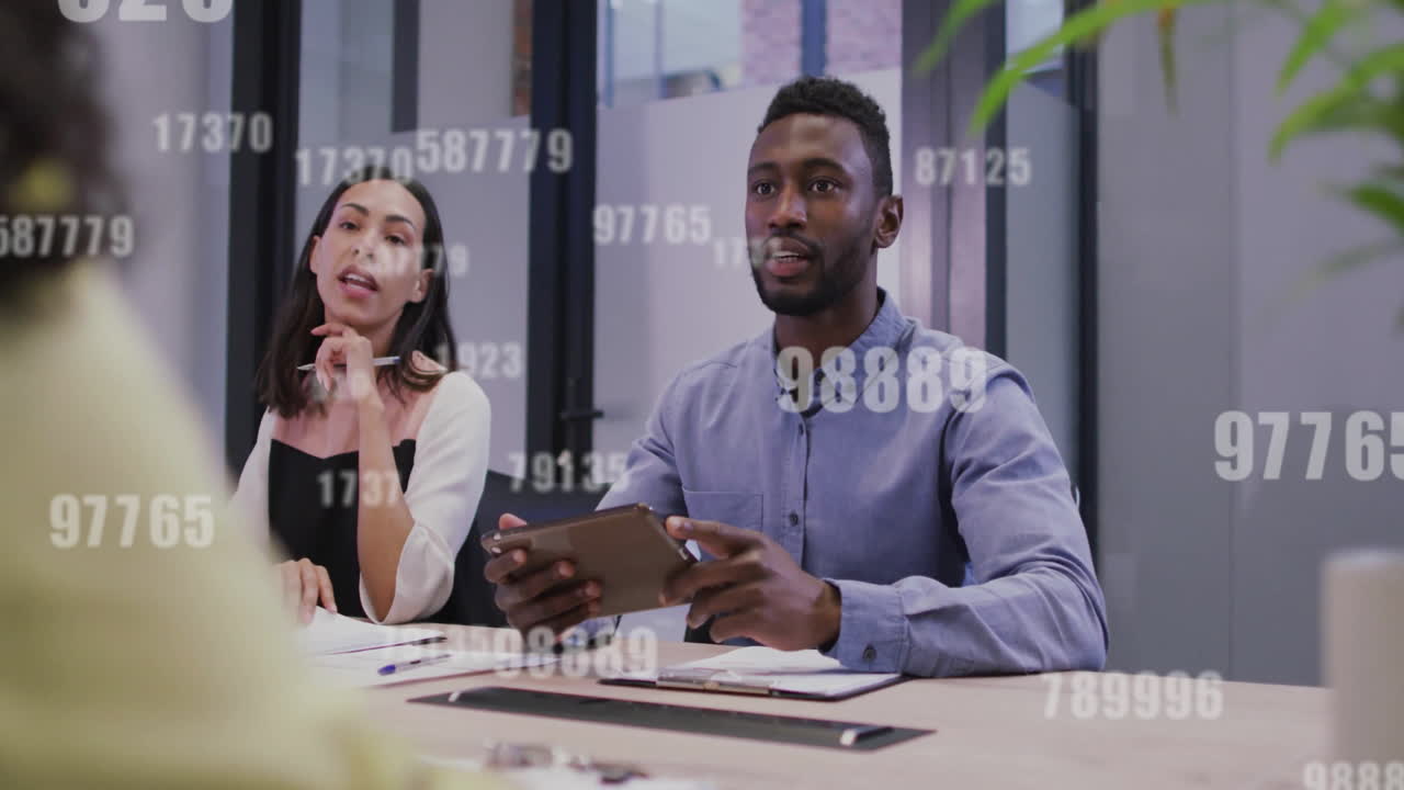 Animation of data processing over diverse business people in office