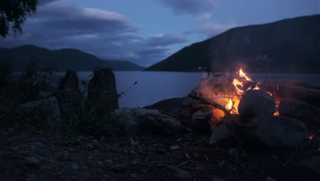 Großes-Lagerfeuer-Am-Strand-An-Einem-See-In-Norwegen-Auf-Der-Mittsommernachtsparty-In-Der-Norwegischen-Natur