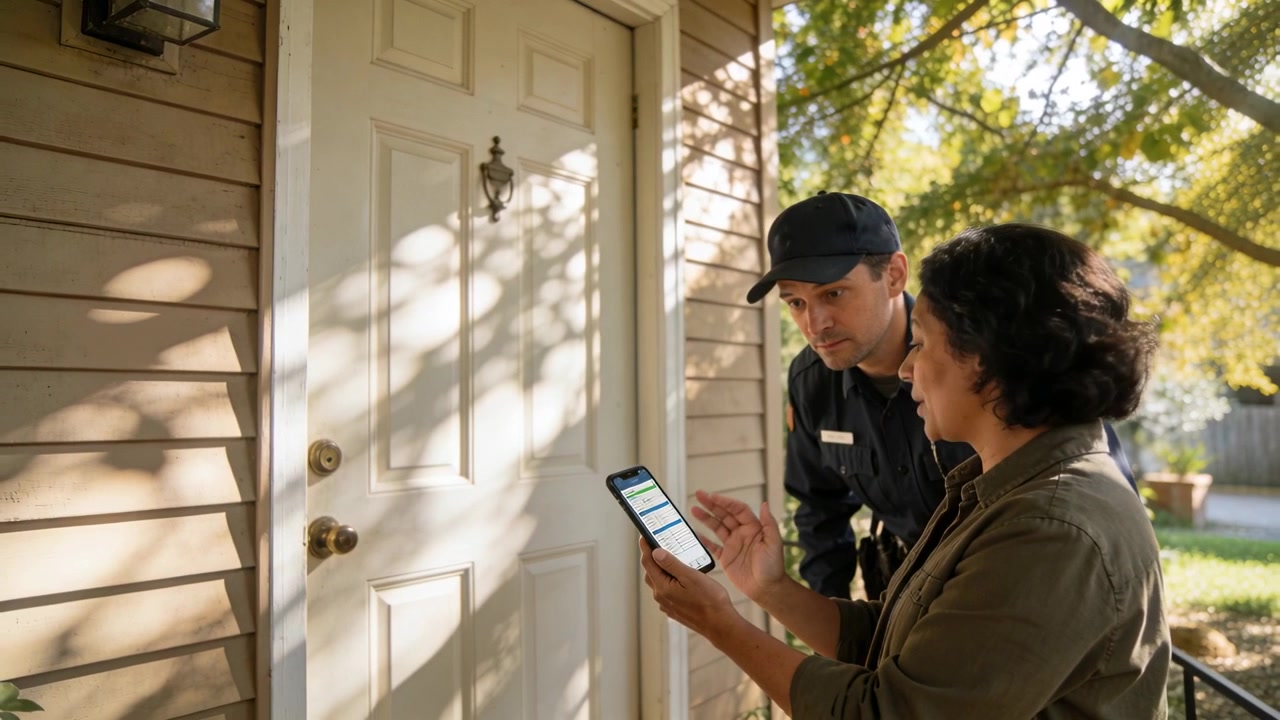 Raising phone, woman in olive jacket confirming drop on porch, uniform worker pointing, copy space