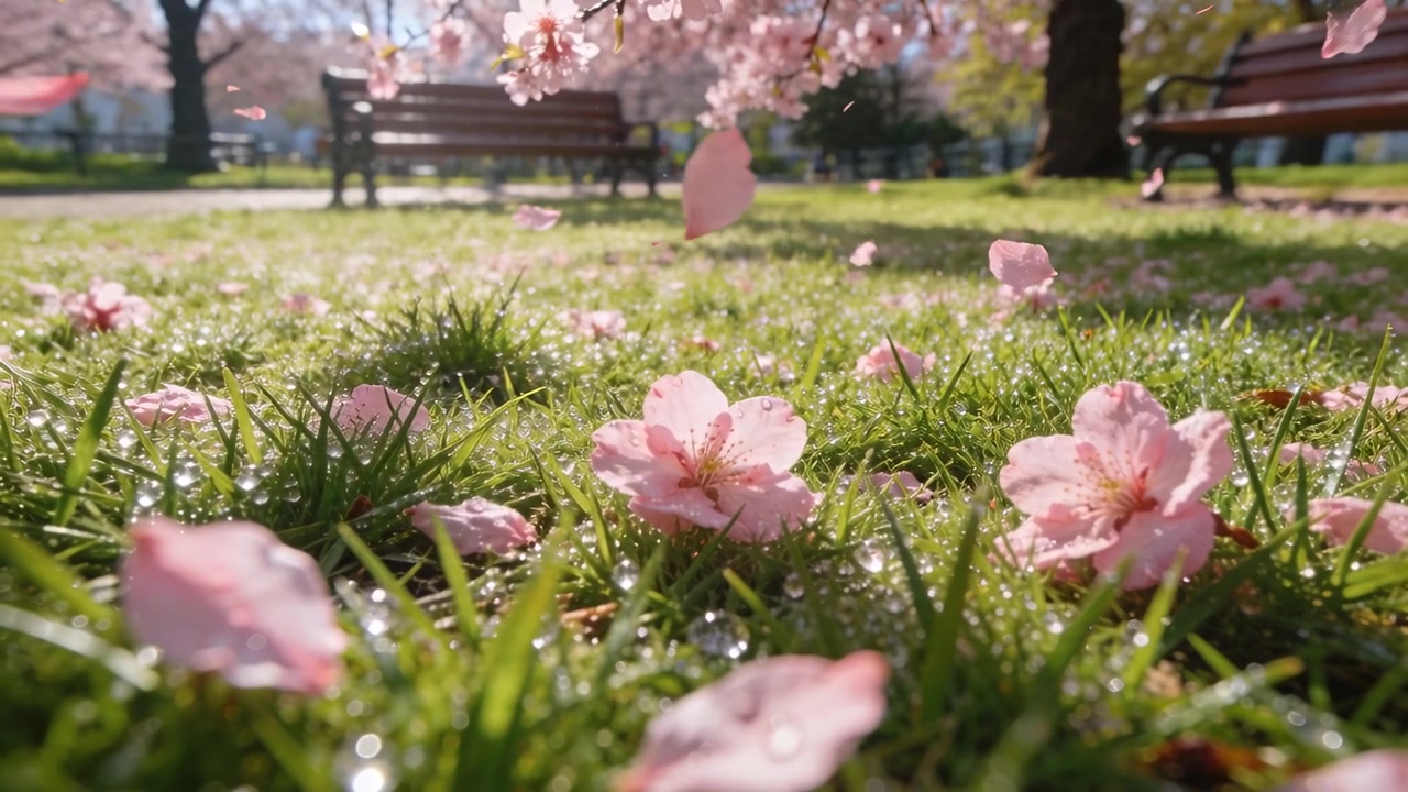 Drifting pink cherry blossoms shedding petals in park grass, dew sparkling as light breeze moves