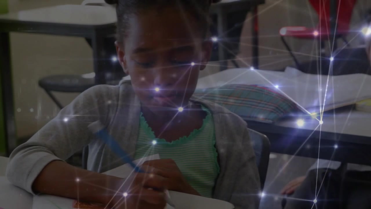 Female student picking blue pencil drawing page for assignment in class as camera pan showing peer