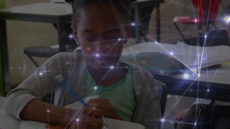 Female student picking blue pencil drawing page for assignment in class as camera pan showing peer