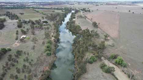 Aerial view along the Loddon River and landscape south of Bridgewater in central Victoria, Australia, May 2025.