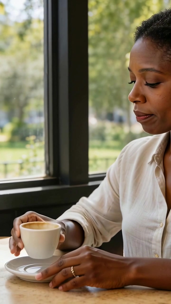Vertical video: Sipping woman in blouse at cafe placing cup on saucer and gazing at park