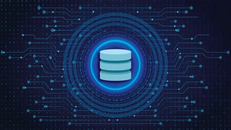 Icono-De-Base-De-Datos-Animado-Seguro-4k-Que-Se-Muestra-En-Tecnología-Electrónica,-Fondo-Digital-De-Números-Azules-Y-Digitales-Y-Movimiento-De-Datos