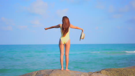 back to the camera, a healthy, fit woman in a bathing suit stands on a huge rock facing the ocean horizon