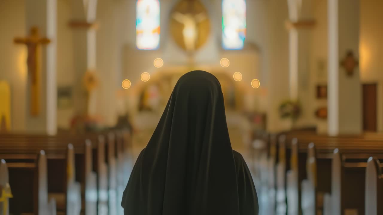 Nun standing in quiet contemplation within sacred church interior, offering prayer amid shadowed wooden pews and soft architectural light