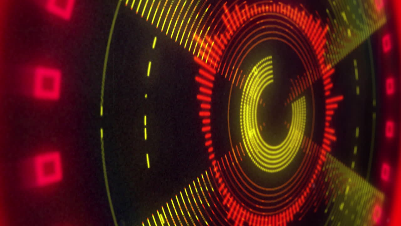 animazione di un display luminoso 3d circolare rosso e giallo che lampeggia e ruota su sfondo nero