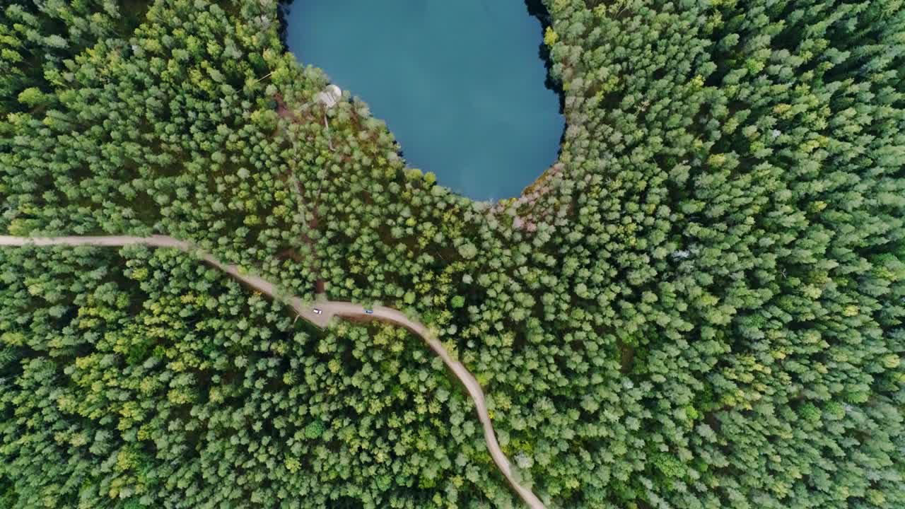 Čertoka Lake, perfectly round water body encircled by dense green forest, Latvia