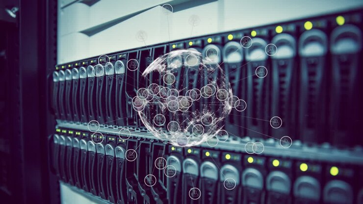 Animation of globe with icons over server room