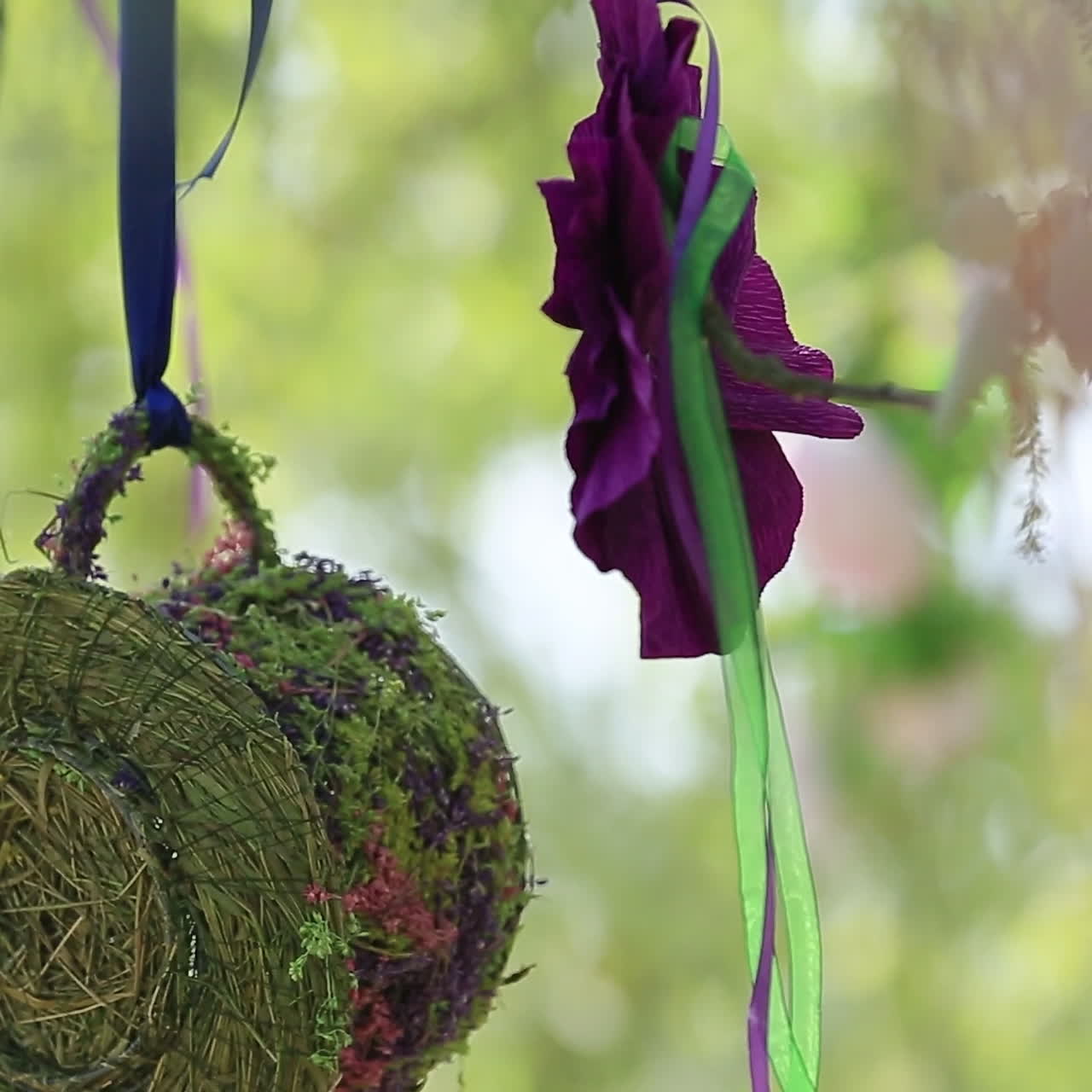 Wedding decor, decor in the trees, flowers in cages