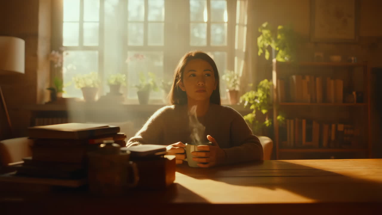 A woman enjoying a warm drink in a cozy, sunlit room