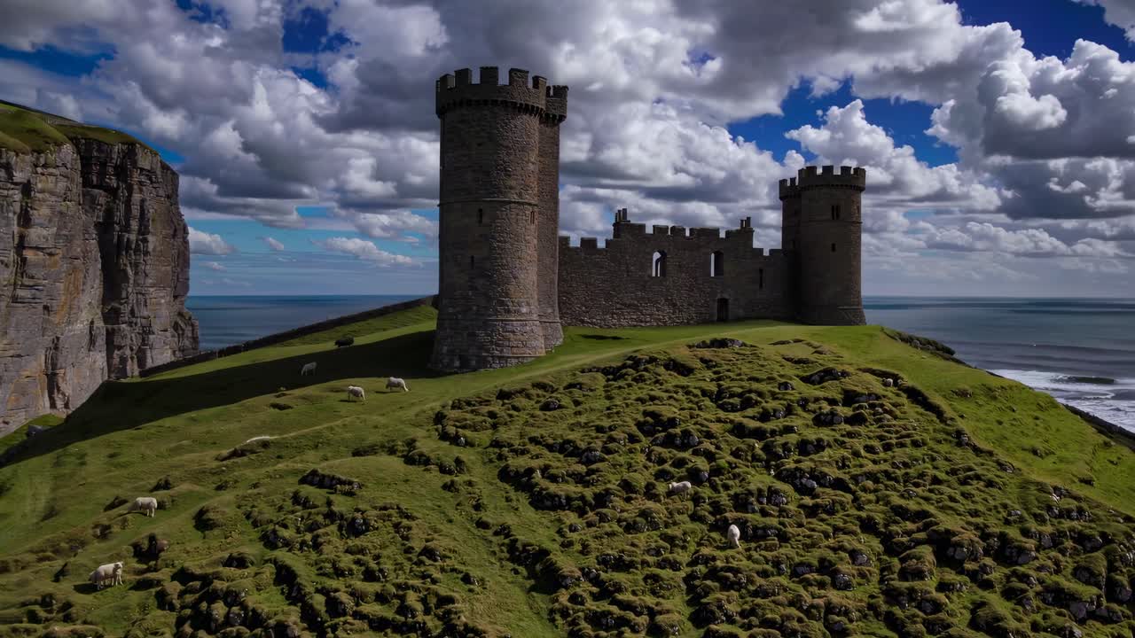 Aerial video captures a medieval castle tower on a cliffside, with lush green fields and dramatic