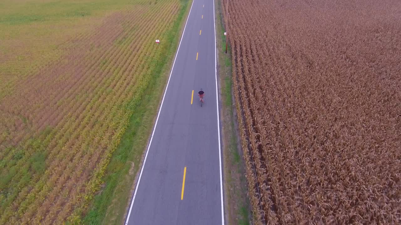 Aerial view of a person riding a bike down the road in the country in 4K