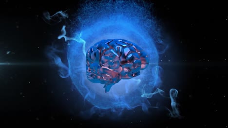 animation of 3d metallic human brain rotating over glowing blue globe on black background