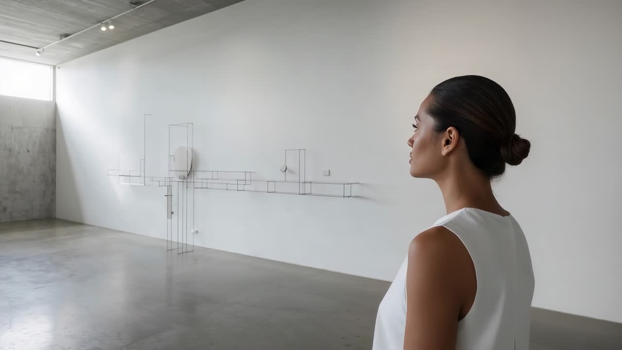 Installationszeichnung: Frau im weißen Kleid geht und betrachtet eine Wandskulptur in einer Galerie, Copy Space