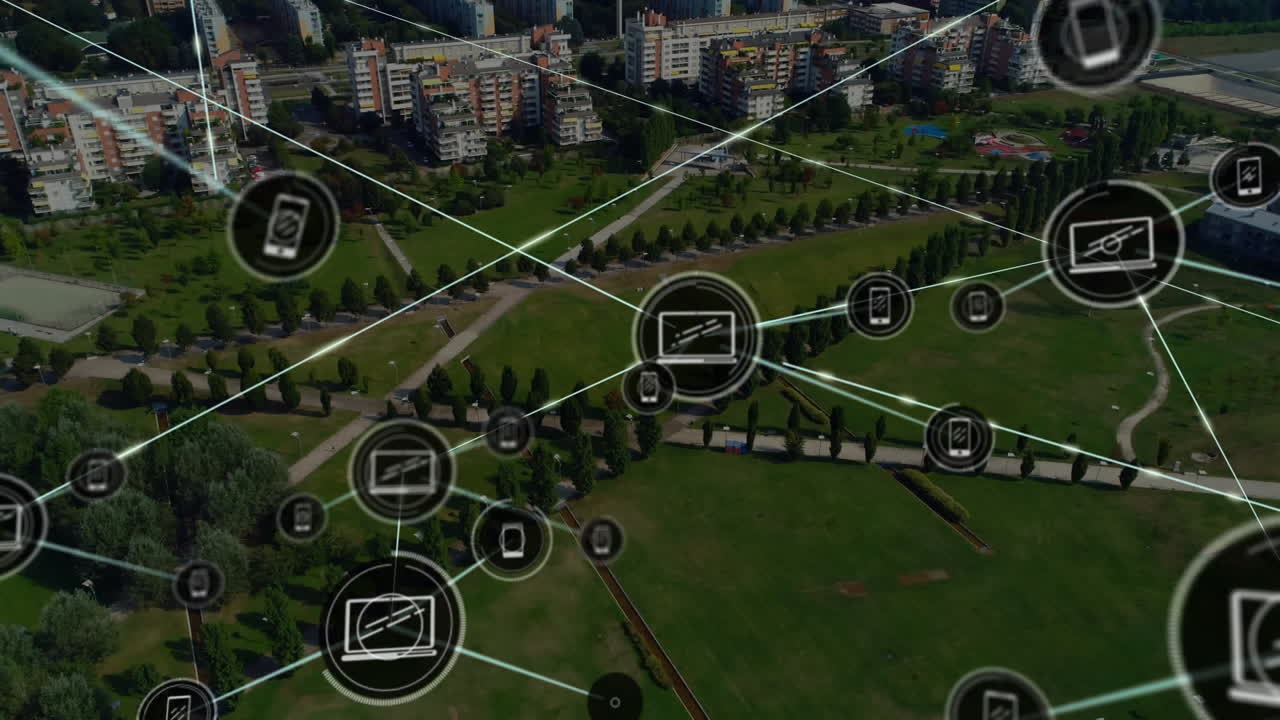 animación de la red de conexiones con iconos sobre el paisaje urbano