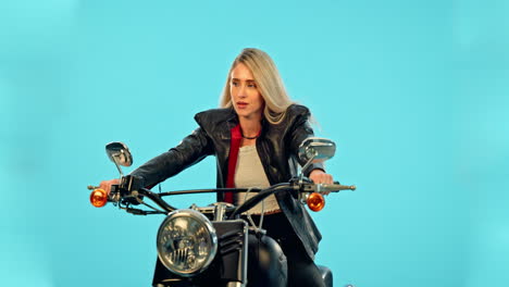 motorbike, studio and woman with confidence