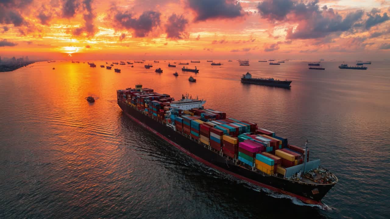 Majestic Sunset Over Ocean: A Freight Container Ship Navigating Through Tranquil Waters Surrounded by Other Vessels Against a Vibrant Sky