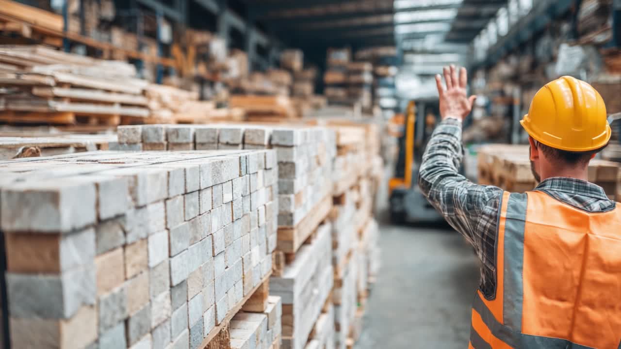 Warehouse Operations: A Worker Managing Materials and Inventory in a Lumber Storage Facility, Highlighting Efficient Handling and Safety Protocols