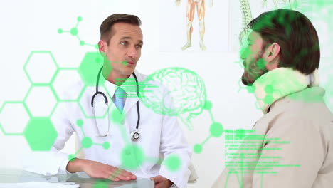 animation of medical data processing over caucasian male doctor and patient in neck brace