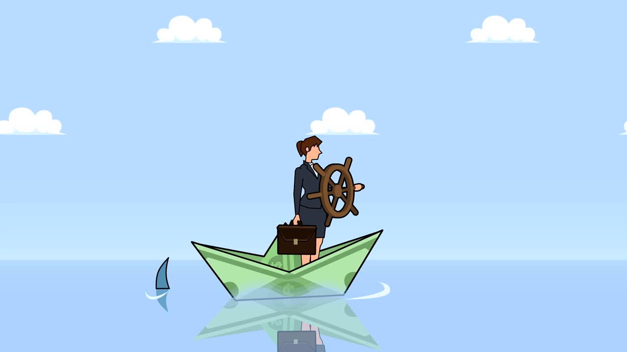 평평한 만화 사업가 캐릭터와 헬름 은 상어와 상어 비즈니스 컨셉 애니메이션 근처의 달러 종이 배에 떠 있습니다.