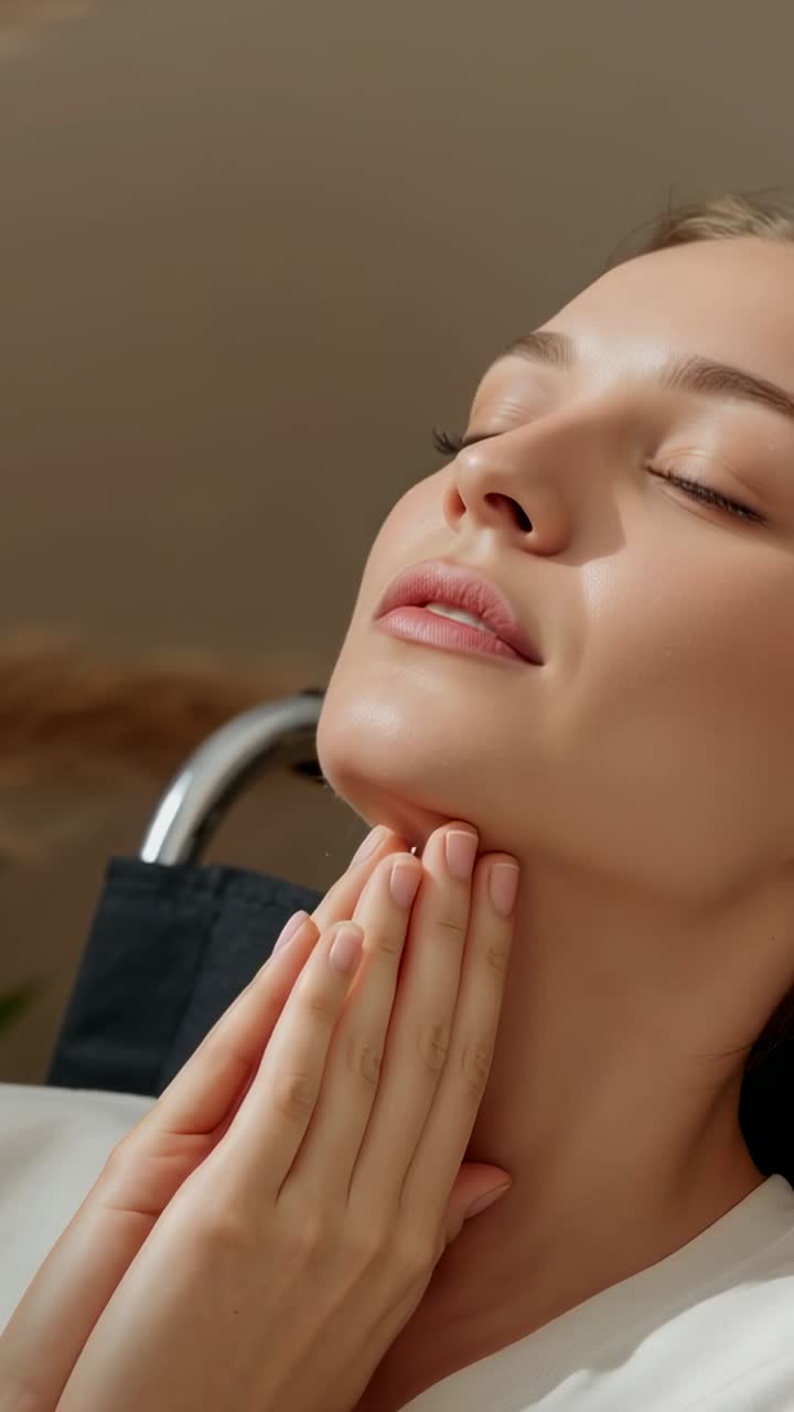 Video verticale: donna con gli occhi chiusi e le mani giunte, in maglietta bianca, reclinata vicino alla maniglia di casa mentre si riposa