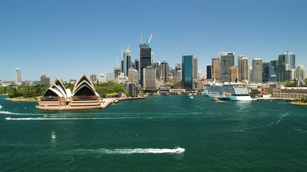 Aerial cityscape of Sydney Harbour, Opera house, Circular Quay and Sydney river with ferries crossing. New South wales, Australia