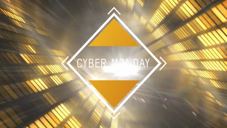 Animation-of-cyber-monday-text-in-white-frame-over-glowing-tunnel-with-yellow-lights-background