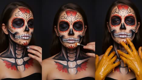 stunning transformation: a detailed examination of artistic skull makeup in a mesmerizing video sequence showcasing skillful application and unique design techniques