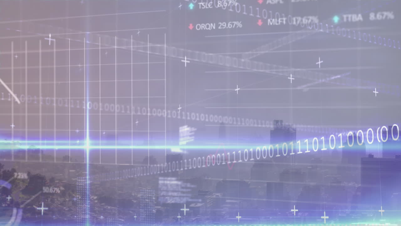Animation of stock market data processing and blue light trails against aerial view of cityscape