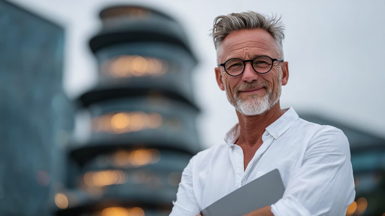 A confident older man with glasses showcases a friendly demeanor in an urban setting, exuding warmth and professionalism against a modern architectural backdrop
