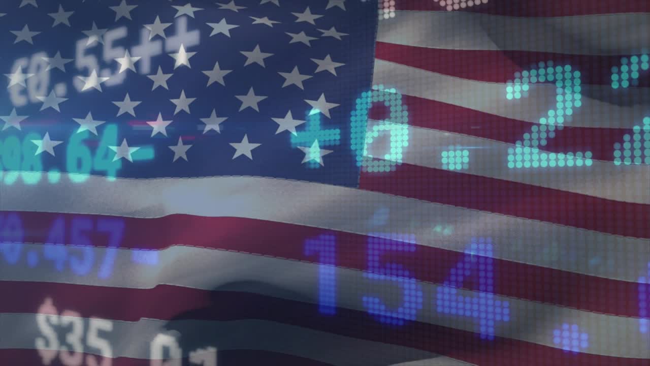 Starting with waving US flag, sliding and shifting numbers, visualizing market data