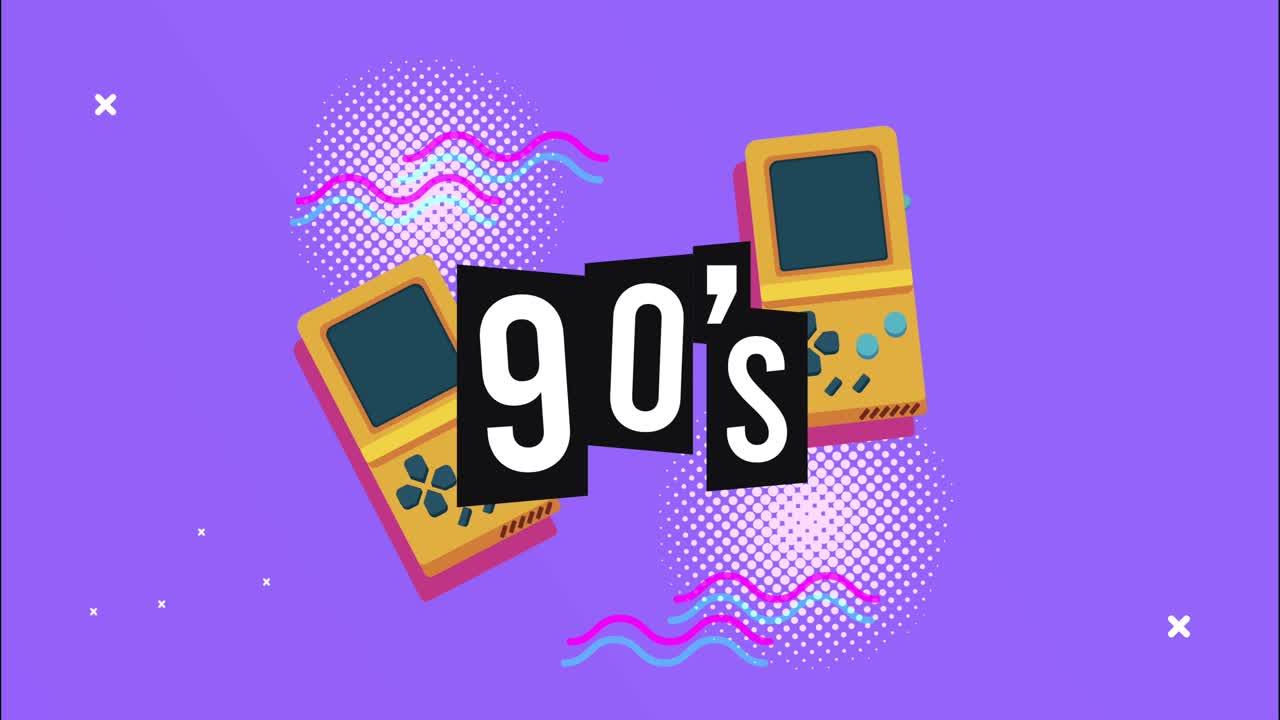 90s lettering with video games in memphis retro style background